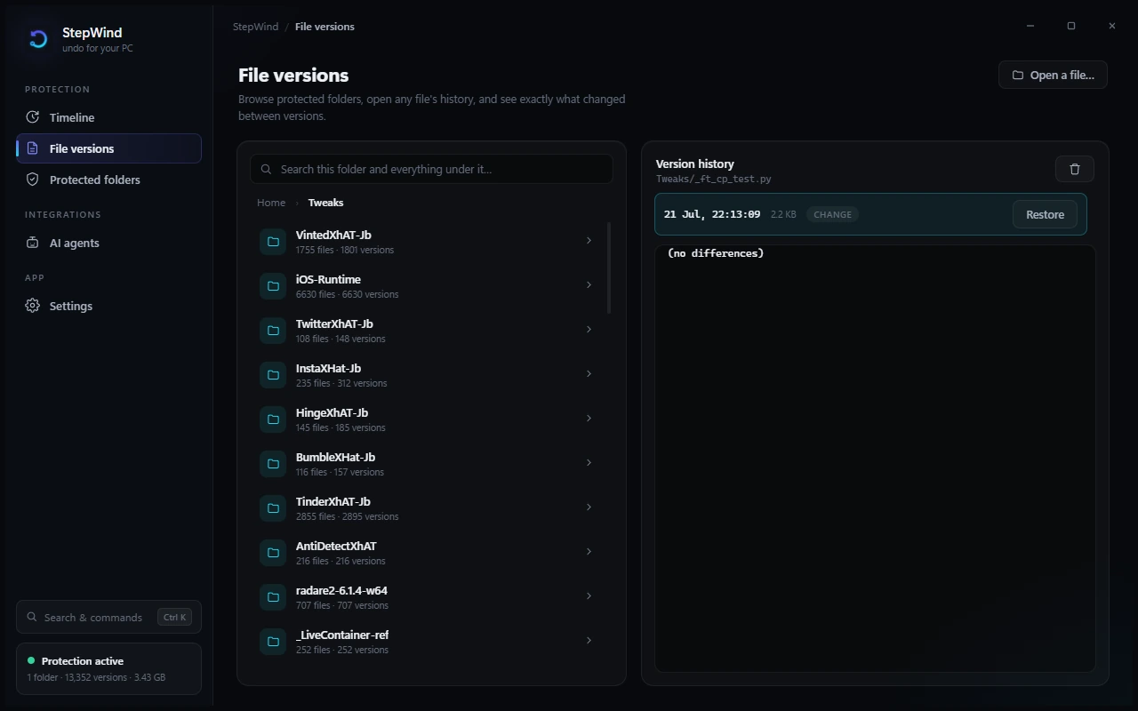 File versions view: browse any protected file's history and restore an earlier save